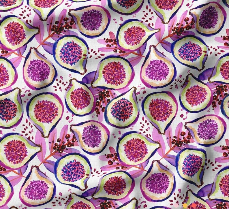 May include: A white background with a repeating pattern of purple, pink, and green watercolor figs. The figs are cut in half and show the inside of the fruit.
