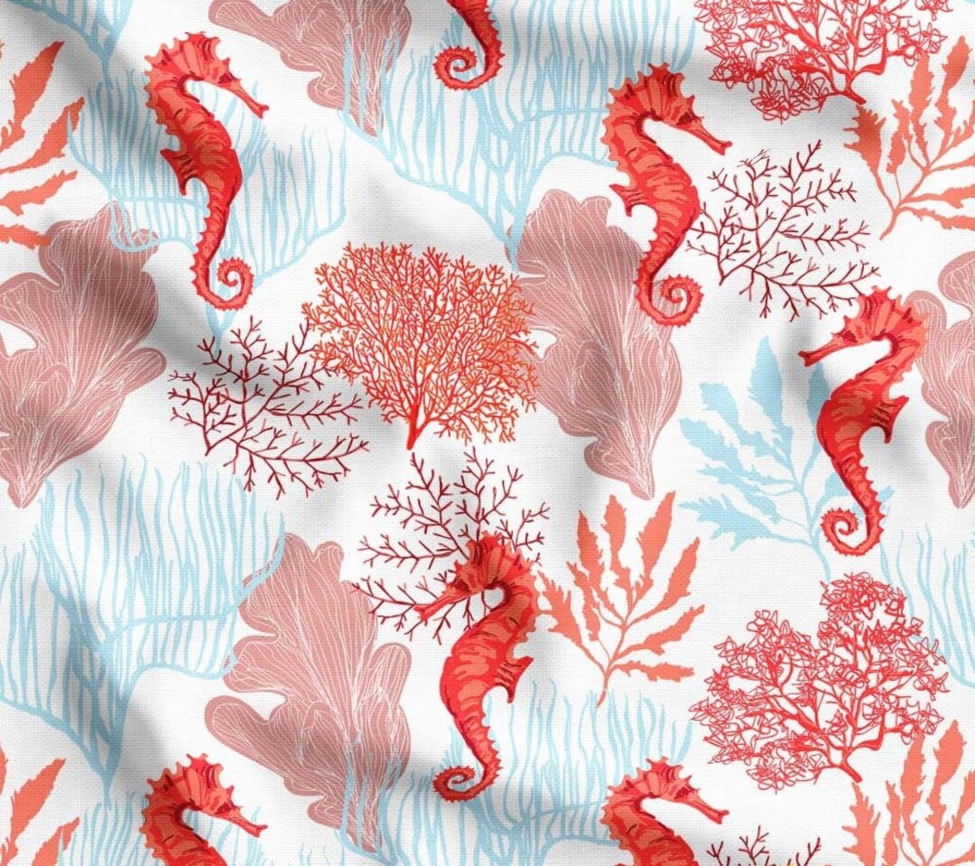 Coral and Seahorse Nautical Fabric by the Yard, Nautical Theme