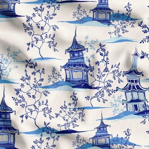 Tecido japonês, tecido para estofamento com estampa de jardim de pagode azul índigo por metro, tecido chinoiserie asiático, tecido shibori japonês