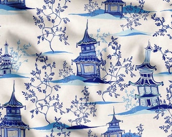 Chinoiserie Pagodenstoff Meterware - Indigo Blau Gartenmuster Japanische Polsterung