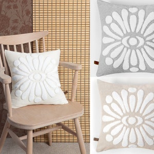Federe per cuscini trapuntate in stile boho moderno, federe per cuscini in stile punch needle, cuscini decorativi color crema, beige e grigio, federe per cuscini autunnali boho