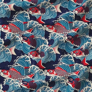 Koi Fish Fabric, Waves and Fish Print Japanese Fabric By The Yard, Blue Red Fish Coastal Fabric, Teal Upholstery Fabric, Canvas Fabric