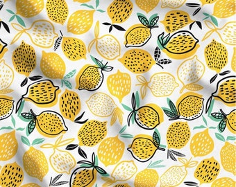 Lemon Fabric - Yellow Citrus Fruit Print - Cotton Poplin Fabric
