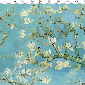 Van Gogh Blooming Almond Tree Pattern Upholstery Fabric, Turquoise Art Deco Fabric, Almond Blossom Print Canvas Fabric By The Yard