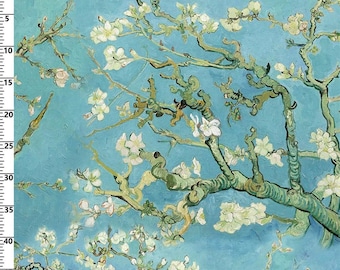 Van Gogh Blooming Almond Tree Pattern Upholstery Fabric, Turquoise Art Deco Fabric, Almond Blossom Print Canvas Fabric By The Yard