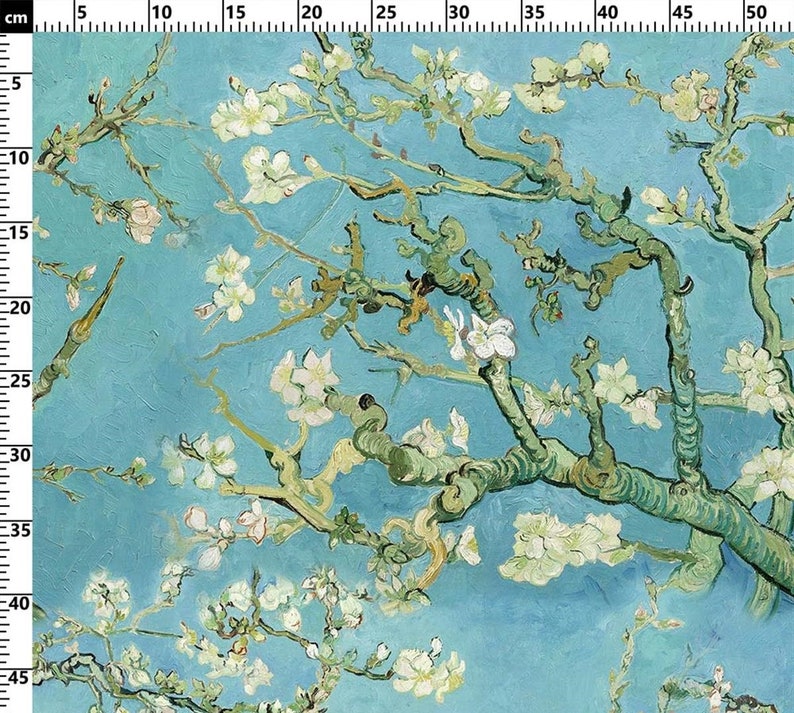 May include: A painting of a blooming almond tree with white flowers against a light blue sky. The branches of the tree are depicted in a thick, textured style, characteristic of the artist's work.