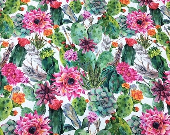 Floral Cactus Garden Fabric, Boho Southwest Style, Upholstery Canvas By The Yard