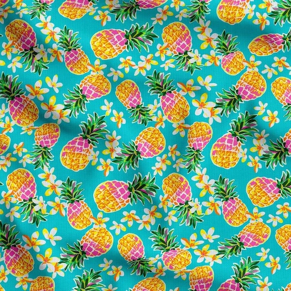 Hawaiian Tropical Fruit Fabric, Cute Pineapple Pattern Fabric on Turquoise, Fruit Fabric, Botanical Flowers Upholstery Fabric By The Yard