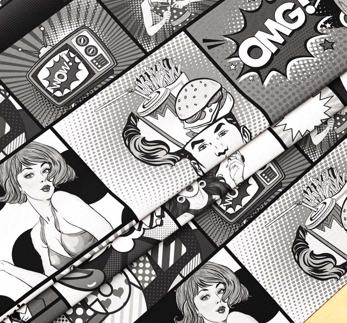 Comic Book Print Fabric, Black White Pop Art, Woman Man Print Upholstery Fabric by the Yard