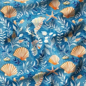 Weathered Nautical Fabric – Coastal Seashell & Coral Print PolyCotton – Ocean Theme Upholstery Fabric, DIY Decor, Under The Sea Fabric