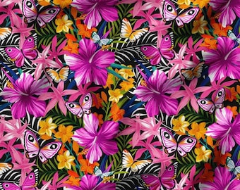 Purple Floral Butterfly Print Fabric, Upholstery Canvas, By The Yard