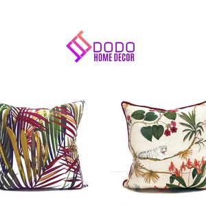 Palm Leaves and Tiger Pillow Covers,  Maroon Throw Pillows, Jungle Animal Print, Outdoor Pillow Cover, Farmhouse Pillow, Sunbrella Pillows