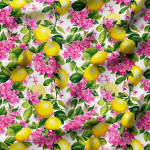 May include: A seamless pattern featuring pink flowers and yellow lemons on a white background. The lemons are arranged in a repeating pattern, with some lemons overlapping each other. The flowers are also arranged in a repeating pattern, with some flowers overlapping each other.