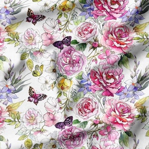 Boho Watercolor Floral Fabric by the Yard, Pink Rose Flowers Print Fabric for Home Decor, Curtains, Pillows, Furniture Upholstery Fabric