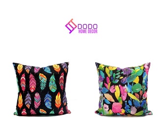 Boho Colorful Pillow Covers, Watercolor Floral Cushion Cover, Feather Pattern Pillow, Colorful Pillows On Black Background, Throw Pillows