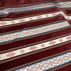 Chenille Fabric, Bohemian Turkish Kilim Pattern Upholstery Fabric, Southwest Red Velvet Woven Fabric By The Yard for Sofa Pillow or Chair