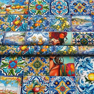 May include: A colorful fabric with a repeating pattern of blue and white tiles. The tiles feature floral designs, geometric shapes, and images of lemons and oranges. The fabric is perfect for crafting projects, home decor, and fashion accessories.