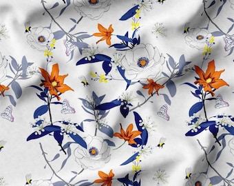 Mid Century Modern Floral Polsterstoff Meterware - Blau Orange Botanische