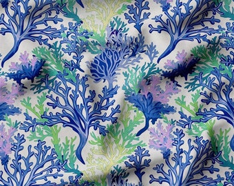 Coral Reef Print Fabric, Blue Green Aqua Nautical Canvas, Upholstery Fabric By The Yard