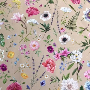 Passiflora Fabric By The Yard, Floral Fabric,  Wild Flowers Fabric on Beige Background, Upholstery or Tablecloth and Drapery Sewing Fabric