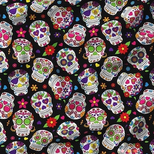 Folkloric Sugar Skulls Black and White Canvas Fabric By The Yard, Halloween Fabric, Tim Holtz Fabric, Quilting Halloween Upholstery Fabric