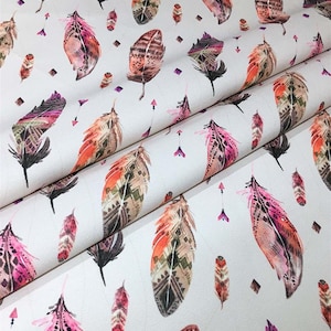Bohemian Pink Feather Upholstery Fabric, Boho Arrows and Feathers Print, Fabric By The Yard, Chic Canvas Fabric for DIY Project