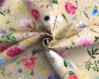 Boho Floral Fabric By The Yard, Wildflower Print, Beige Upholstery Fabric