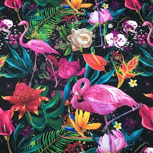 Tropical Flowers and Flamingo Pattern Fabric, Tula Pink Fabric, Colorful Tropic Botanical Fabric Art, Canvas Upholstery Fabric By The Yard