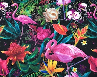 Tropical Flowers and Flamingo Pattern Fabric, Tula Pink Fabric, Colorful Tropic Botanical Fabric Art, Canvas Upholstery Fabric By The Yard