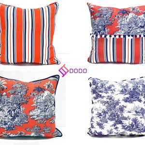 Coral and Navy Pillow Covers, Toile De Jouy French Country Pillow, Custom Throw Pillowcase, Patio cushions, Farmhouse Style, Cushion Covers