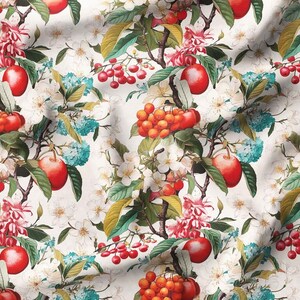 May include: A seamless pattern featuring a white background with a repeating design of red apples, orange berries, and white flowers with pink accents. The design is reminiscent of a vintage botanical illustration.