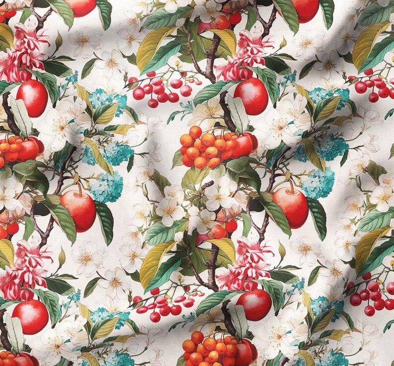 May include: A seamless pattern featuring a white background with a repeating design of red apples, orange berries, and white flowers with pink accents. The design is reminiscent of a vintage botanical illustration.