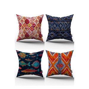 İkat Pillows Blue and Orange, Cushion Cover, İkat Throw Pillow Set, Designer Pillows, Couch Pillows, Southwestern Style Cushion Case