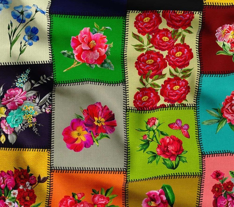 May include: A patchwork design featuring squares with floral patterns. The squares are in various colors, including green, yellow, and blue, and are stitched together with black thread. The floral designs include red peonies and other colorful flowers.