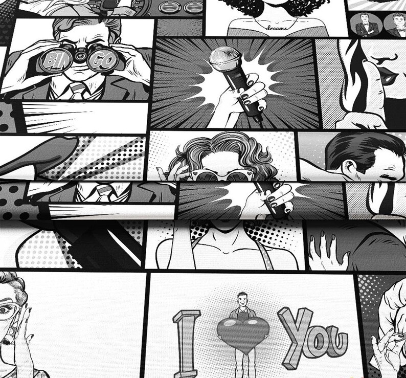 Comic Book Print Fabric, Black White Pop Art, Woman Man Print Upholstery Fabric by the Yard
