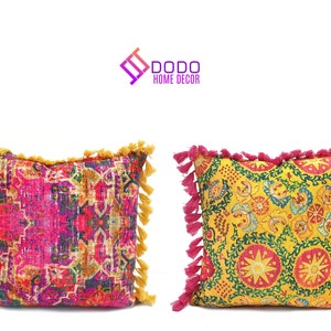 Fringe Pillow Covers, Boho Throw Pillows, Antique Pillows, Outdoor Cushion Covers, Purple & Mustard Pillows, Ethnic Rug Color Block Pillows