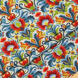 Bohemian Tapestry Upholstery Fabric - William Morris Vibrant Red and Blue Floral Mid Century Modern Design, Fabric by the Yard