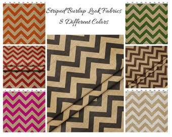 May include: Eight different colors of striped burlap-look fabric with a chevron pattern. The fabric is folded to show the pattern.