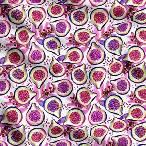 May include: A white background with a repeating pattern of purple and pink watercolor figs. The figs are stylized and have a white outline.