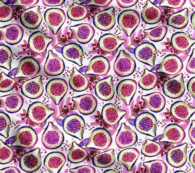 May include: A white background with a repeating pattern of purple and pink watercolor figs. The figs are stylized and have a white outline.