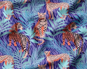 Cheetah Leopard and Tiger Print Fabric, Tula Pink Fabric, Upholstery Fabric By The Yard, Lilac Color Big Cats In The Forest Print Home Decor