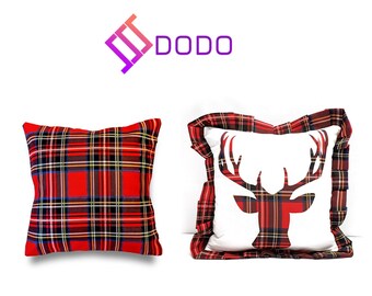 Christmas Pillow Cover, Red Plaid Ruffled Deer, Holiday Decor