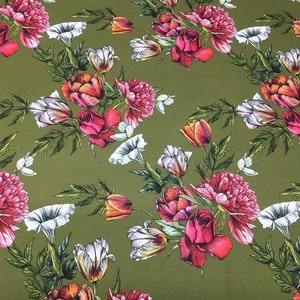 Boho Pioenroos en Rozen Bloemen Stof, Shabby Chic Roze Bloemenstof op Kaki Groen, Boho Bekledingsstof op maat gesneden, Canvasstof