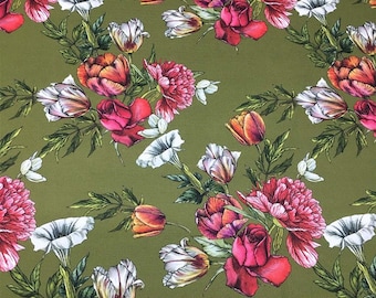 Floral Upholstery Fabric, Pink Peonies and Roses on Khaki Green, Bohemian Canvas By The Yard