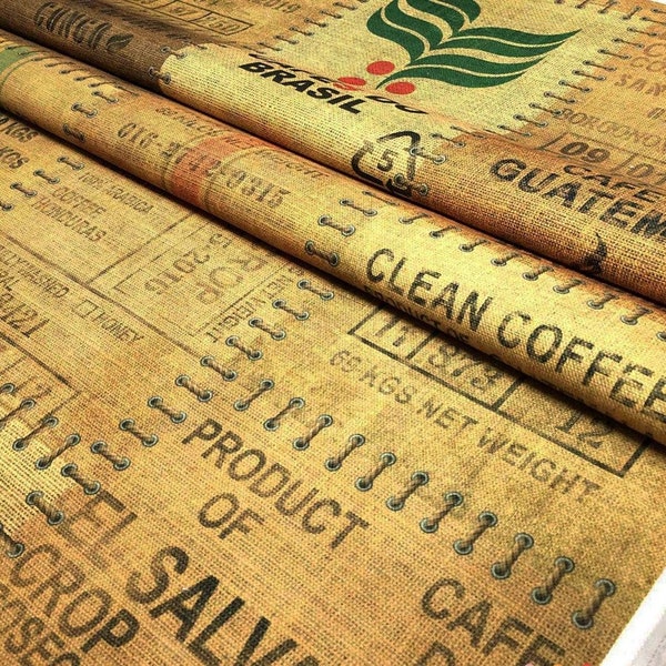 Tela de patrón de saco de café, tela de estilo vintage, tela con estampado de aspecto de arpillera, tela de café cortada a medida, tela de tapicería boho, tela artesanal