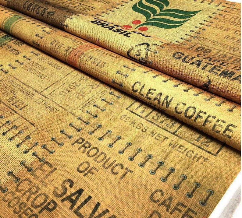 Coffee Sack Pattern Fabric, Vintage Style Fabric, Burlap Look Print Fabric, Coffee Fabric By The Yard, Boho Upholstery Fabric, Craft Fabric image 1