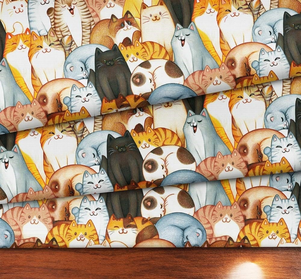 Cat Fabric by the Yard, Pop Art Colorful Cute Cat Print Fabric