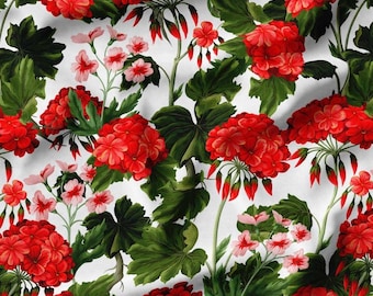 Boho Red Floral Fabric By The Yard, Geranium Flowers Upholstery Fabric, Kaffe Fassett Fabric For Curtain Pillow Kitchen Tablecloth Patio