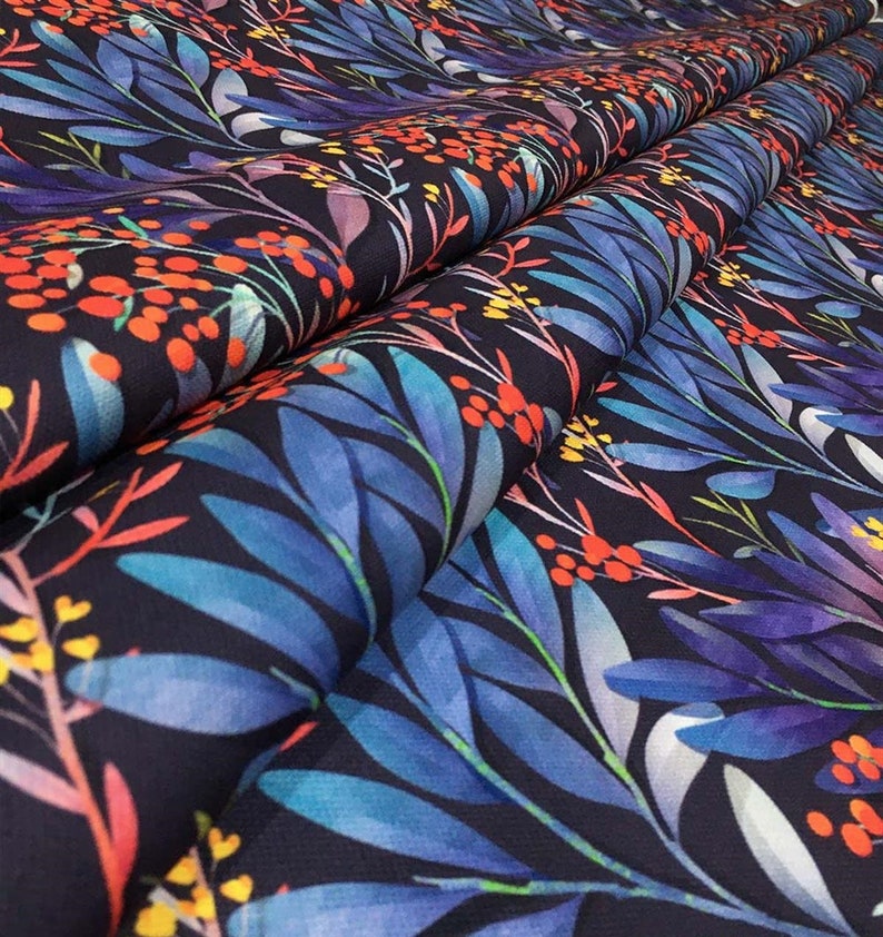 Blueberry Design Upholstery Fabric in Blue Leaves, Trippy Fabric by the