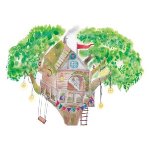 Treehouse Hideaway Art Print: Watercolor Illustration (Digital Print)